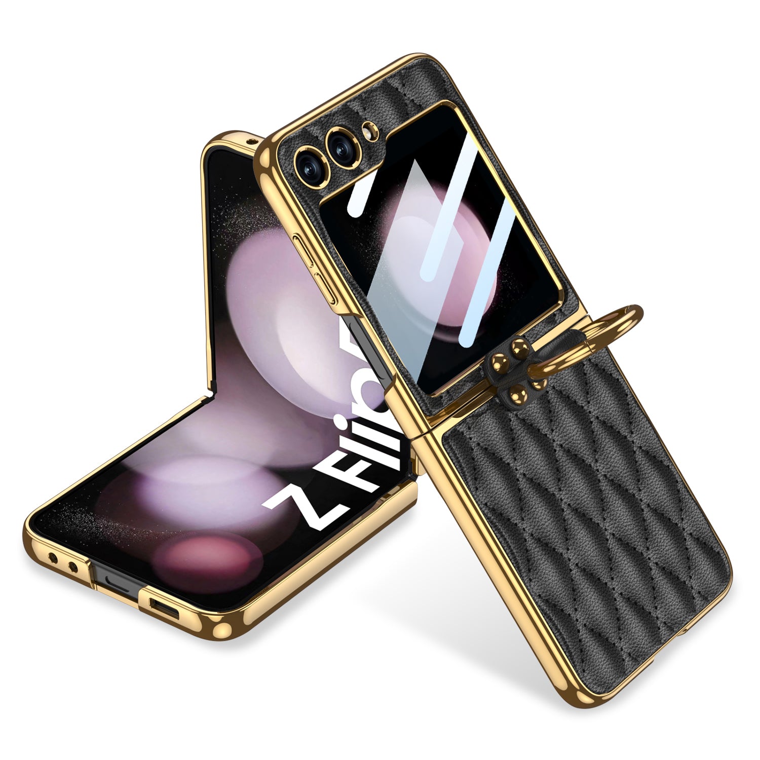 GKK For Samsung Galaxy Z Flip5 5G Rhombic Pattern Hard PC PU Phone Cover Metal Ring Kickstand Case with Small Screen Film GKK For Samsung Galaxy Z Flip5 5G Rhombic Pattern Hard PC PU Phone Cover Metal Ring Kickstand Case with Small Screen Film